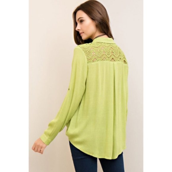 Entro | Vetiver Lace Up Crochet Back Top Lime Green New Crinkle Hi Low Medium - Picture 11 of 13